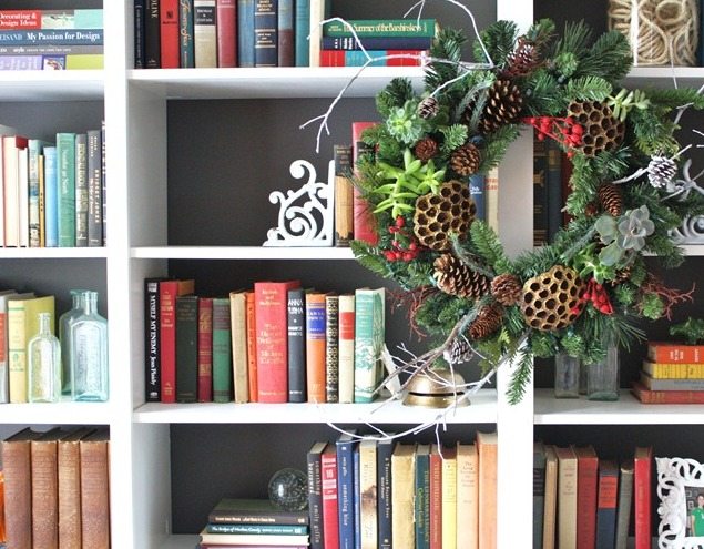 wreath on a bookshelf