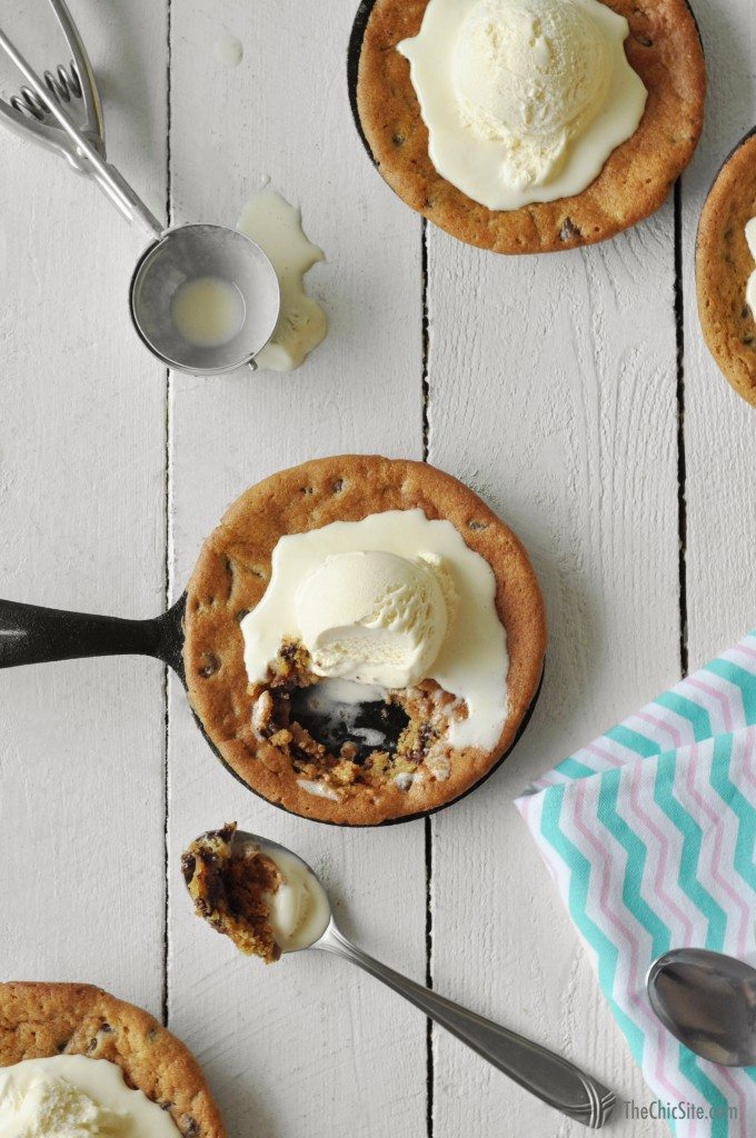 chocolate chip cookies in skillets with ice cream.