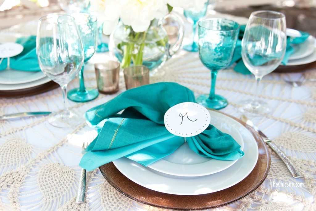 taupe white and teal table