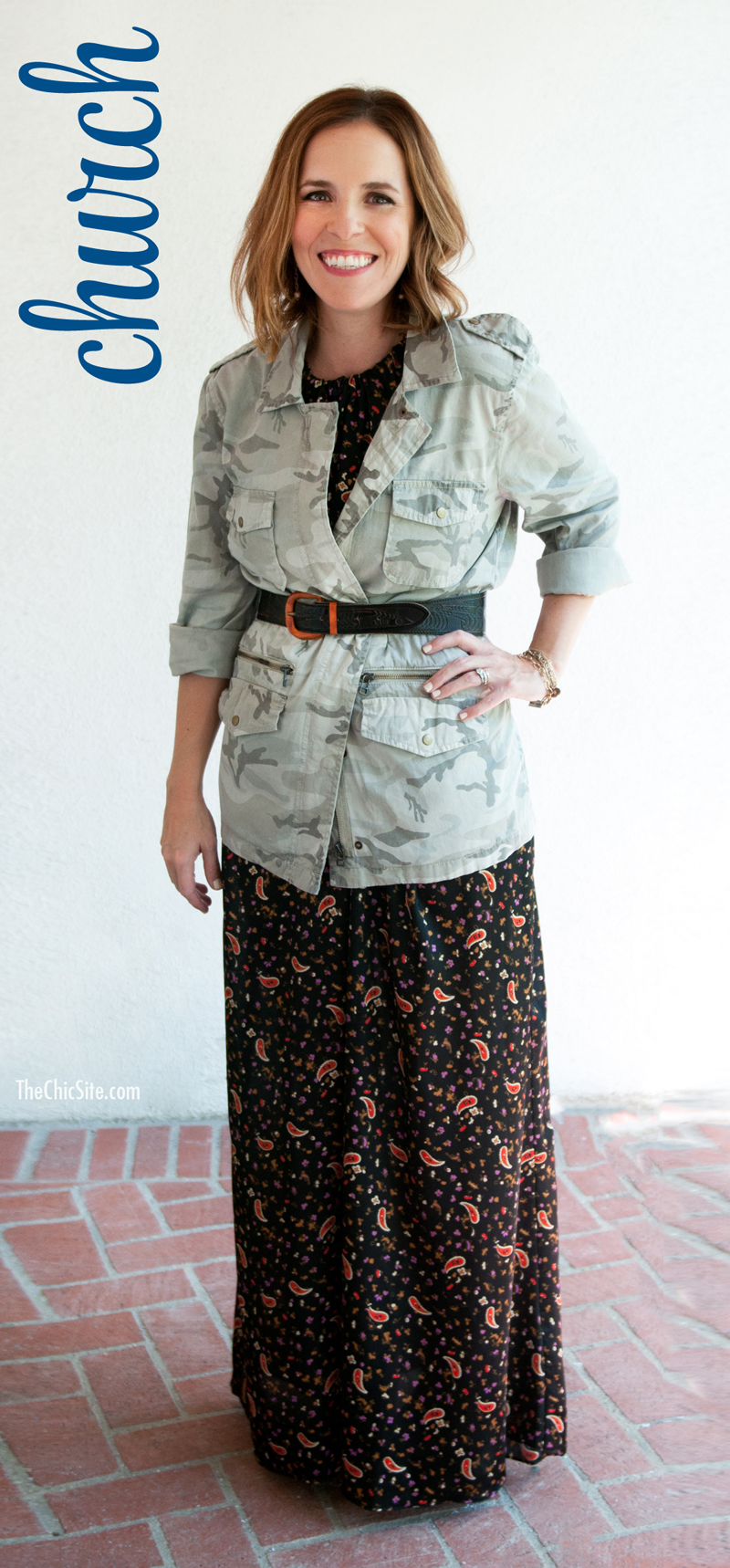 maxi dress and army jacket