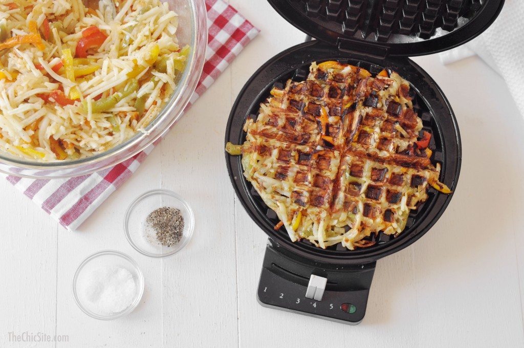 cooked hash browns in waffle iron