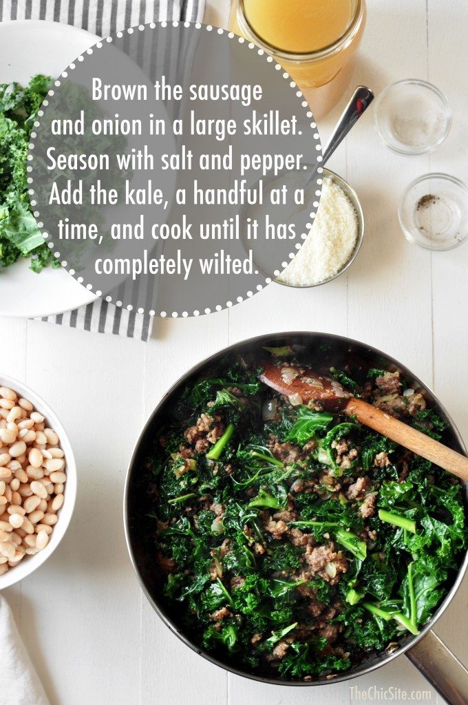 sausage, onions and kale in skillet