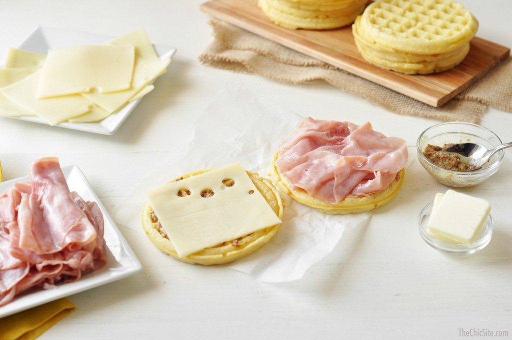 ham and cheese and mustard on waffles