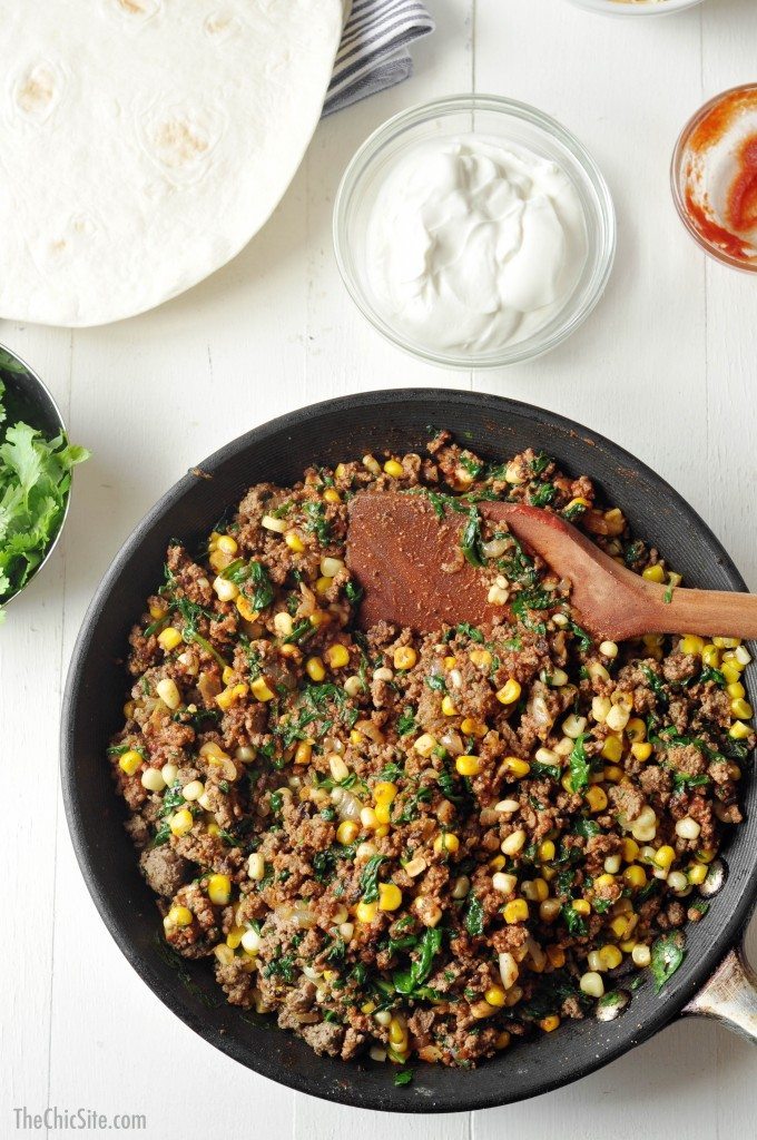ground beef, corn and spinach