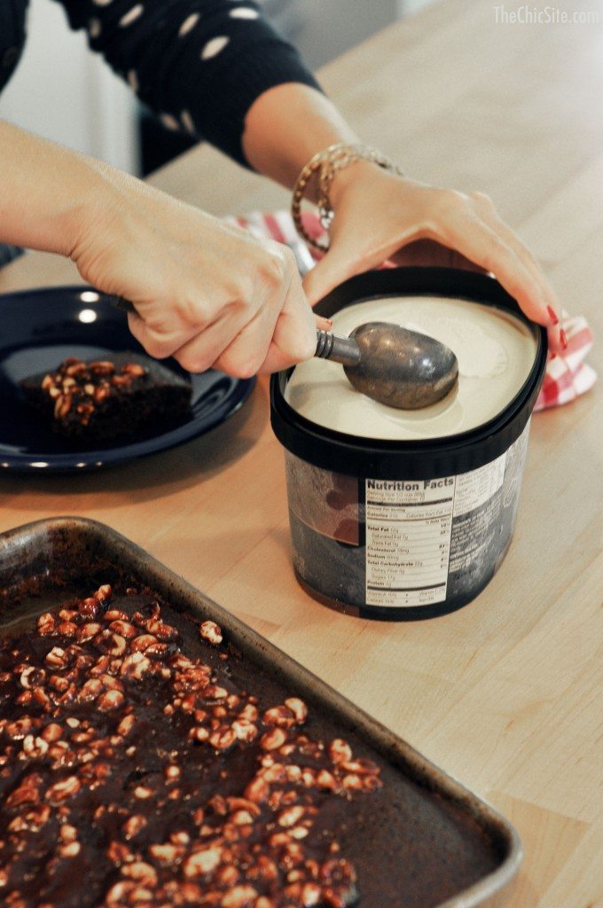 ice cream on chocolate cake