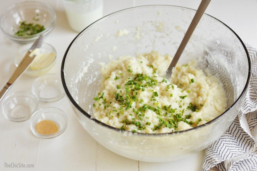 cauliflower and chives in a large bowl