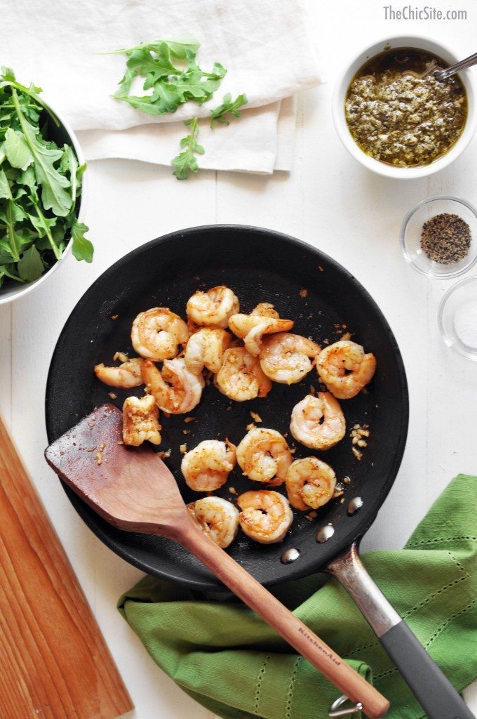 garlic and shrimp cooking in skillet