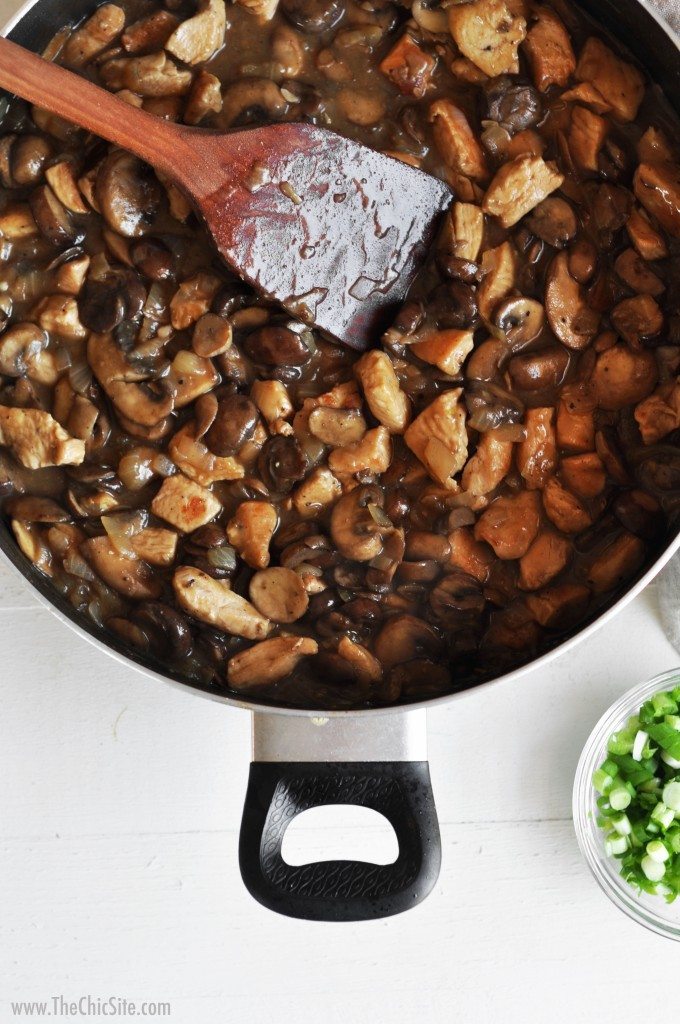 stewed chicken and mushrooms in pan gravy sauce