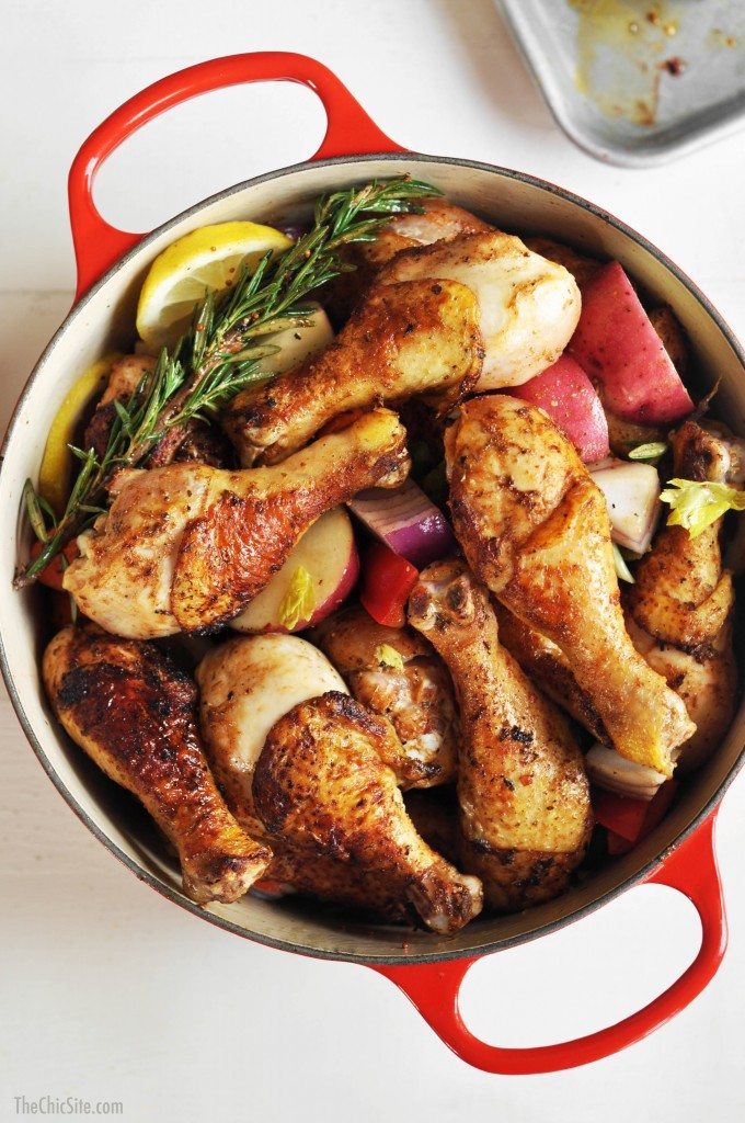 browned chicken legs in pot