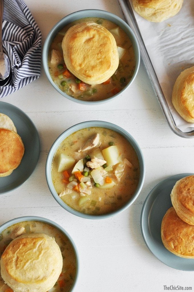 chicken pot pie soup in bowls