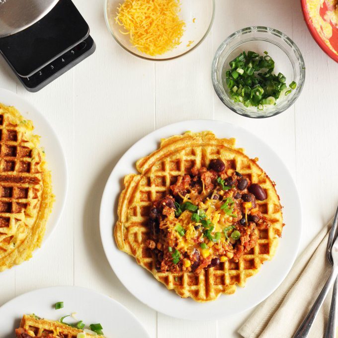 Scallion Cornbread Waffle stuffed with Chili Recipe