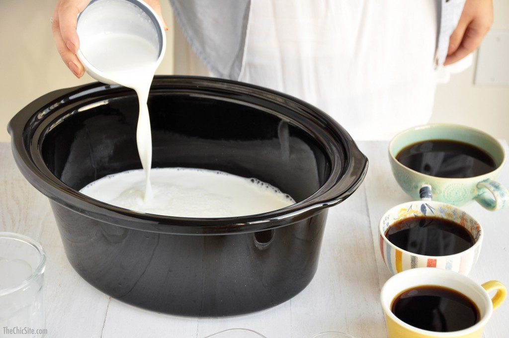 pouring milk into slow cooker
