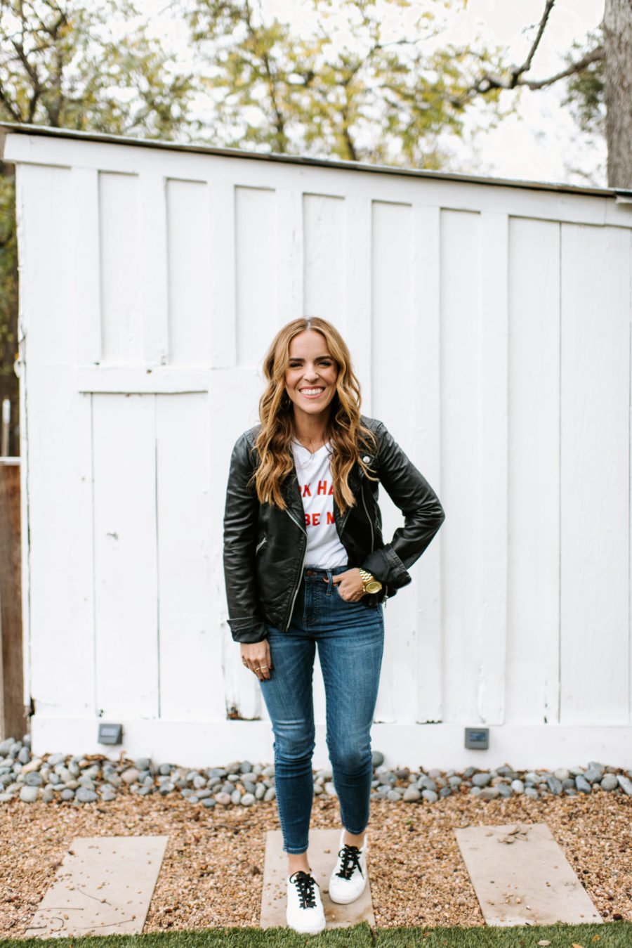 Rachel Hollis style, Rachel Hollis black leather jacket, Rachel Hollis style guide, how to wear a black leather jacket, black leather jacket style guide, fashion tips, fashion advice