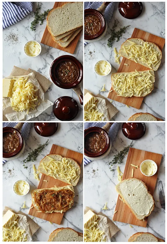 A four by four of the steps to make a French Onion Grilled Cheese