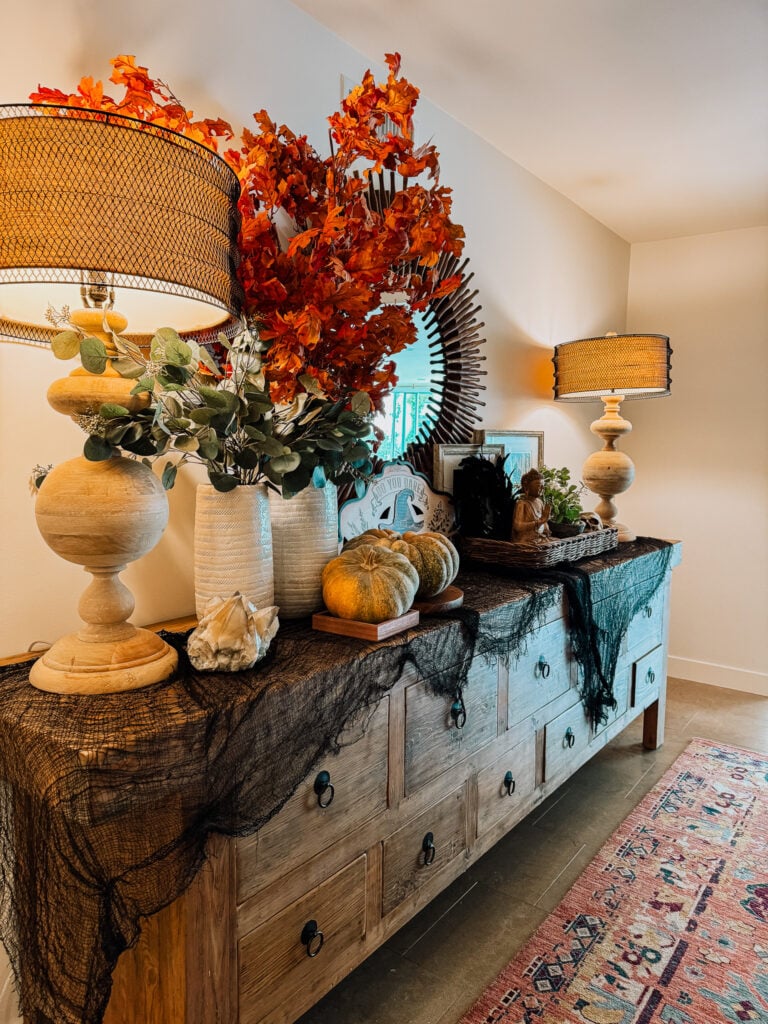 fall foliage sideboard decor