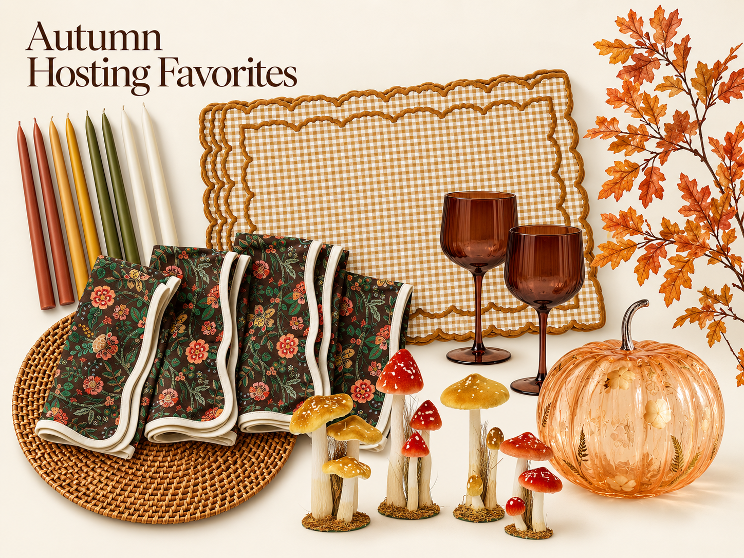 Autumn hosting decor collage with floral napkins, mustard gingham placemats, brown wine glasses, taper candles, rattan, mushrooms, oak leaves, and a glass pumpkin.